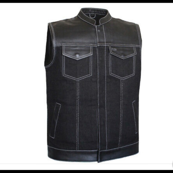 Men  Leather and Denim Biker Club Style Motorcycle Concealed Carry Vest - Picture 2 of 5